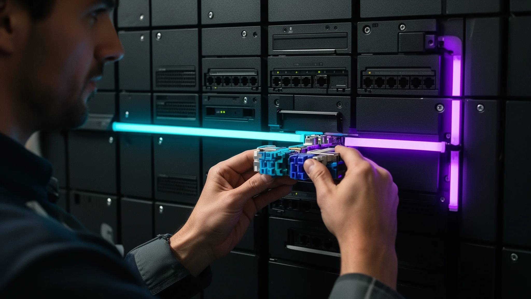 Ein Infrastrukturtechniker verbindet ein Glasfasermodul in einem modularen Raster.